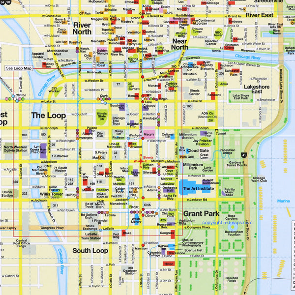 Chicago city map with popular attractions, restaurants and shopping.