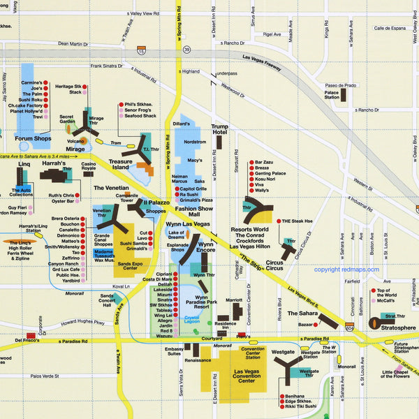 Las Vegas Strip map with casinos and popular attractions.