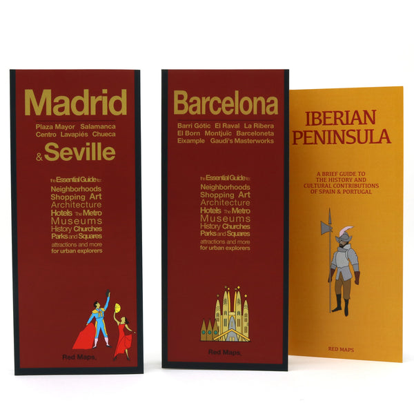 Foldout street maps of Barcelona and Madrid.