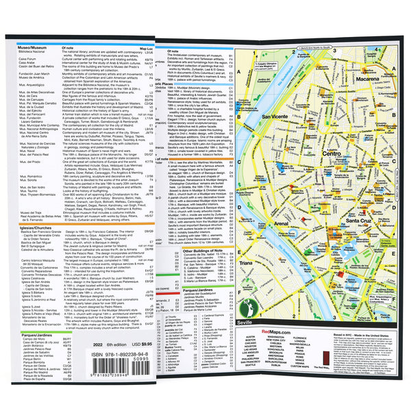 Foldout Madrid map with detailed lists of popular attractions.