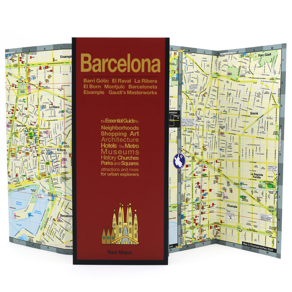 Foldout map of Barcelona with popular attractions and hotels.