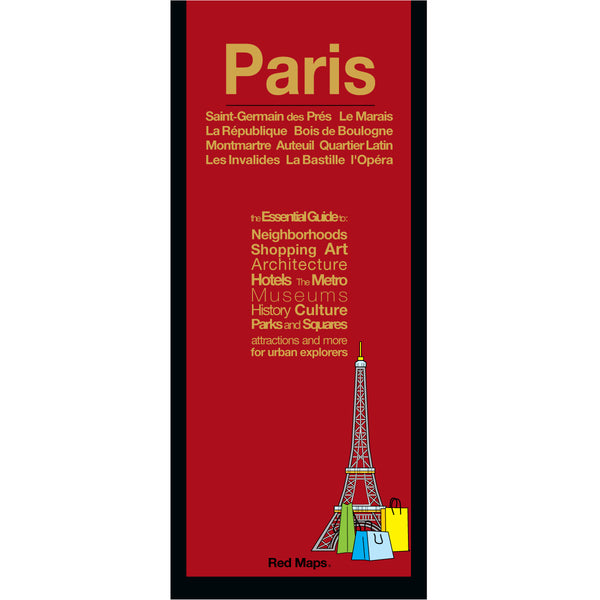 Paris neighborhoods foldout map with a red colored cover.