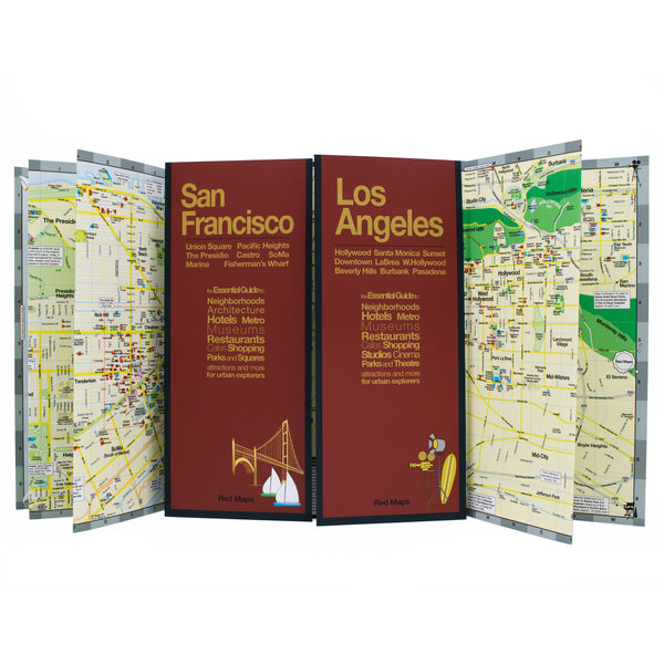 Two foldout street maps with popular attractions in San Francisco and Los Angeles.