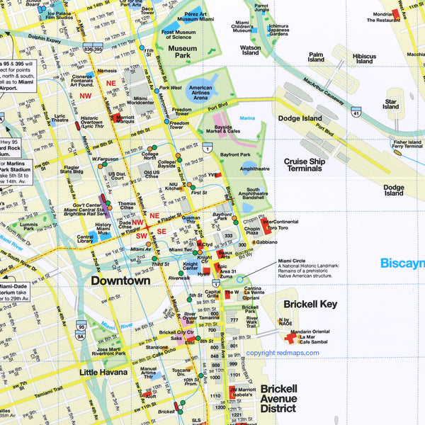 Miami city center map with popular attractions and restaurants.