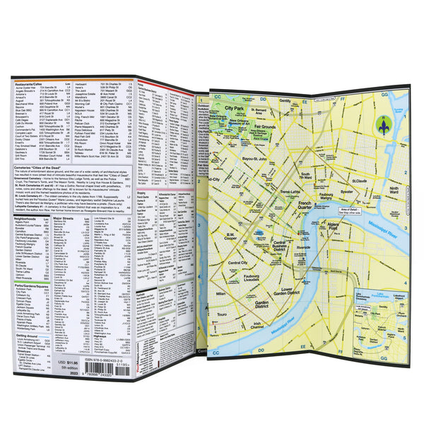 New Orleans city map with lists of popular attractions.