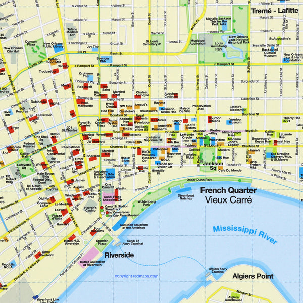 Map of New Orleans French Quarter with popular attractions.