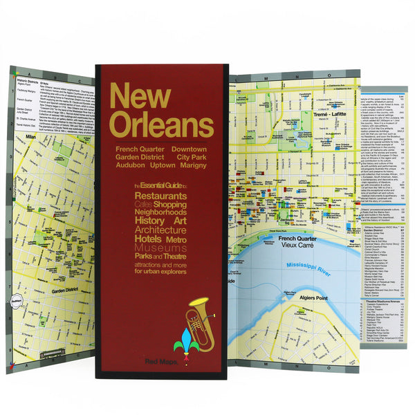 Foldout map of New Orleans with popular attractions in the city center.