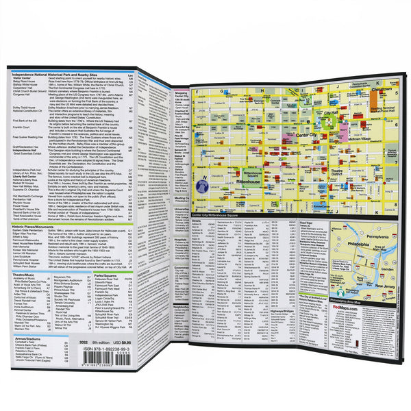 Foldout map of Philadelphia with lists of popular tourist attractions.