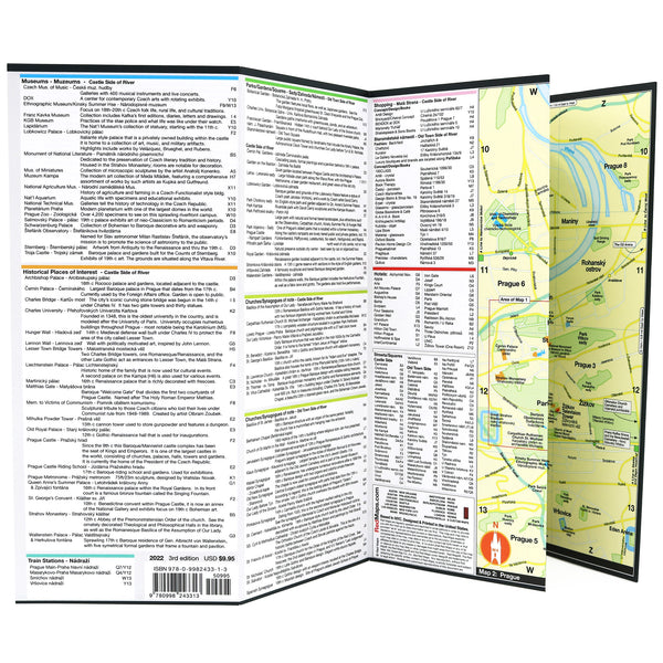 Foldout map of central Prague with popular tourist attractions.