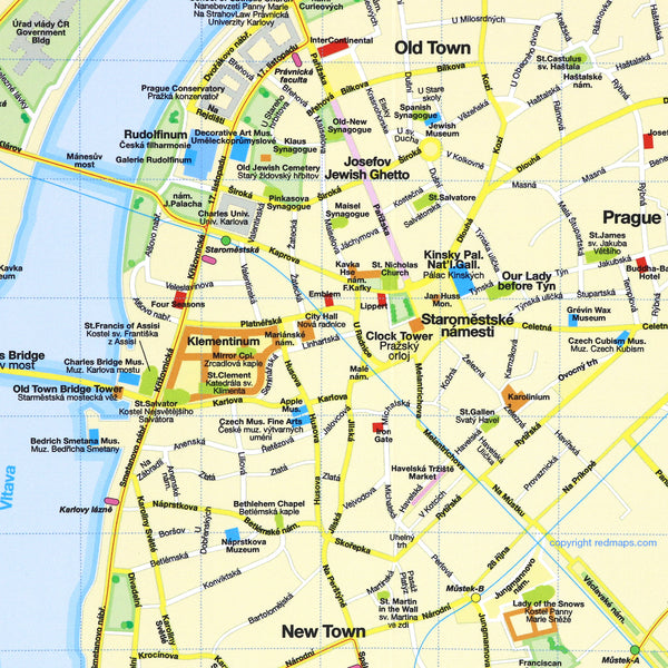 Prague map with popular attractions in historic town center.