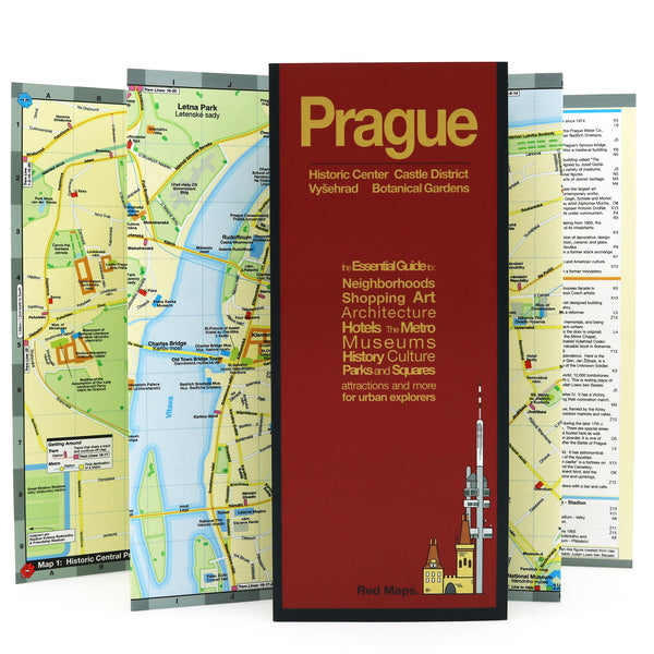 Foldout Prague map with popular attractions in historic city center.