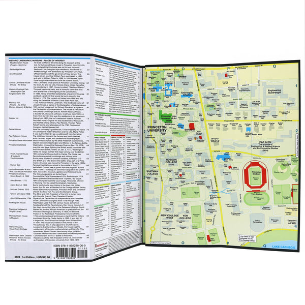 Map of Princeton New Jersey with lists of popular historic attractions and restaurants.