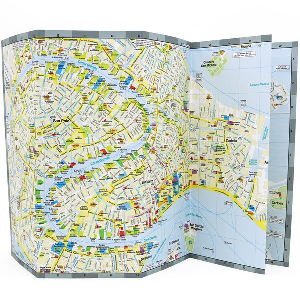 Foldout map of Venice Italy with popular attractions, historic landmarks and water taxi stations.