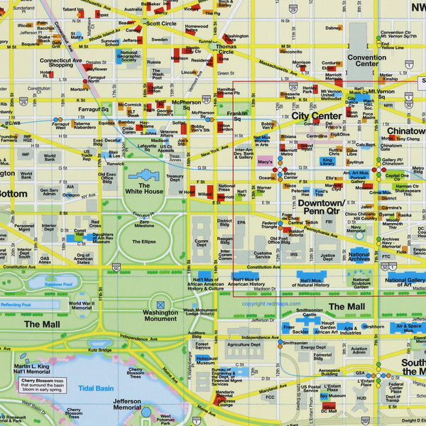 Washington DC map of city center with popular tourist attractions and restaurants.