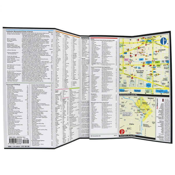 Washington DC map with lists of popular attractions, restaurants and shopping.