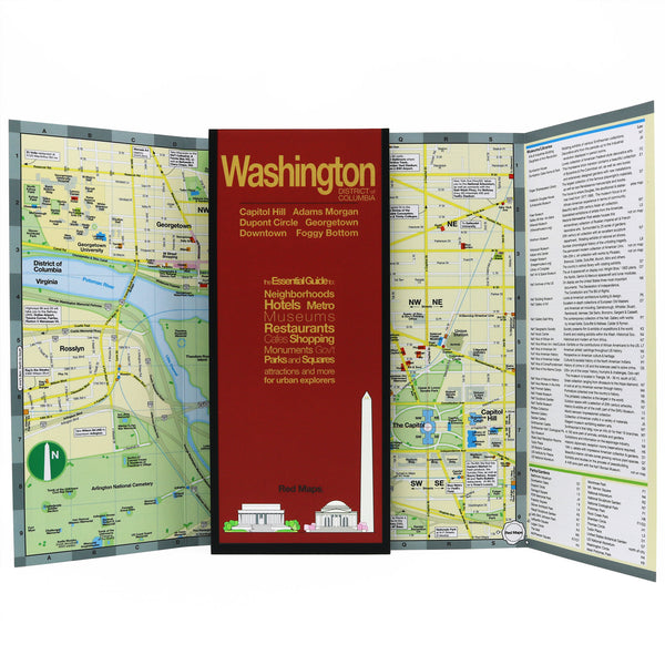 Foldout map of Washington DC with popular attractions.